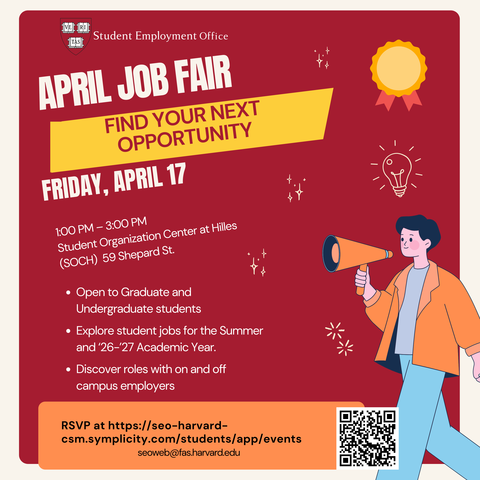 Red flyer with white text advertising the April Job Fair. Includes SEO logo and other decorative components.