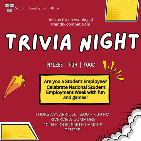 Red flyer with white text and yellow decorations promoting Trivia Night 