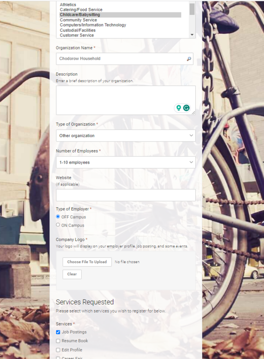 Screen shot of employer registration form on SEO jobs database